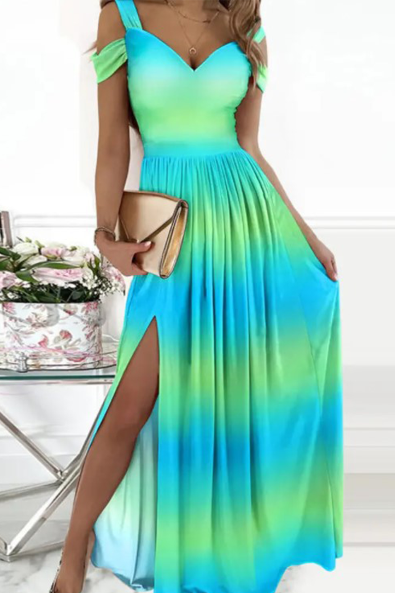 Women's black off-shoulder V-neck evening gown with elegant thigh-high slit and flowing maxi skirt