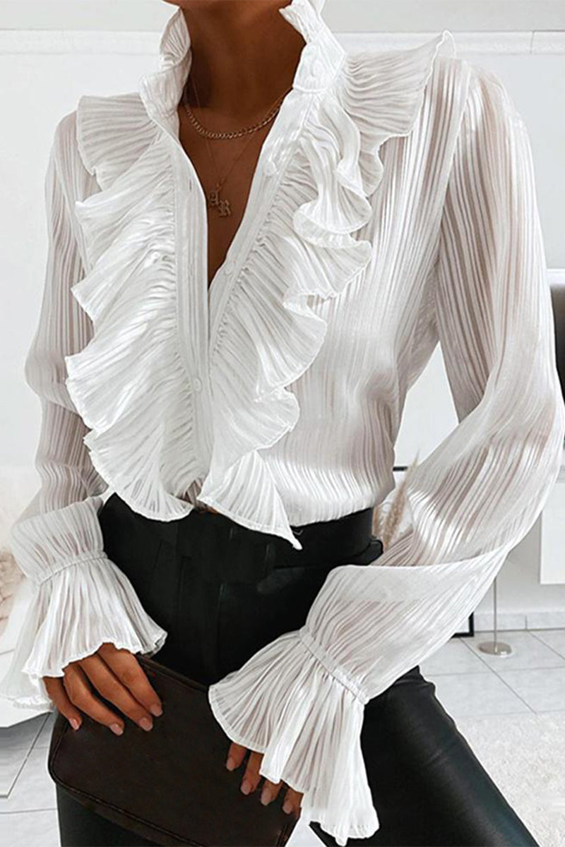 Women's denim-look tailored blouse with delicate front ruffle details and button closure