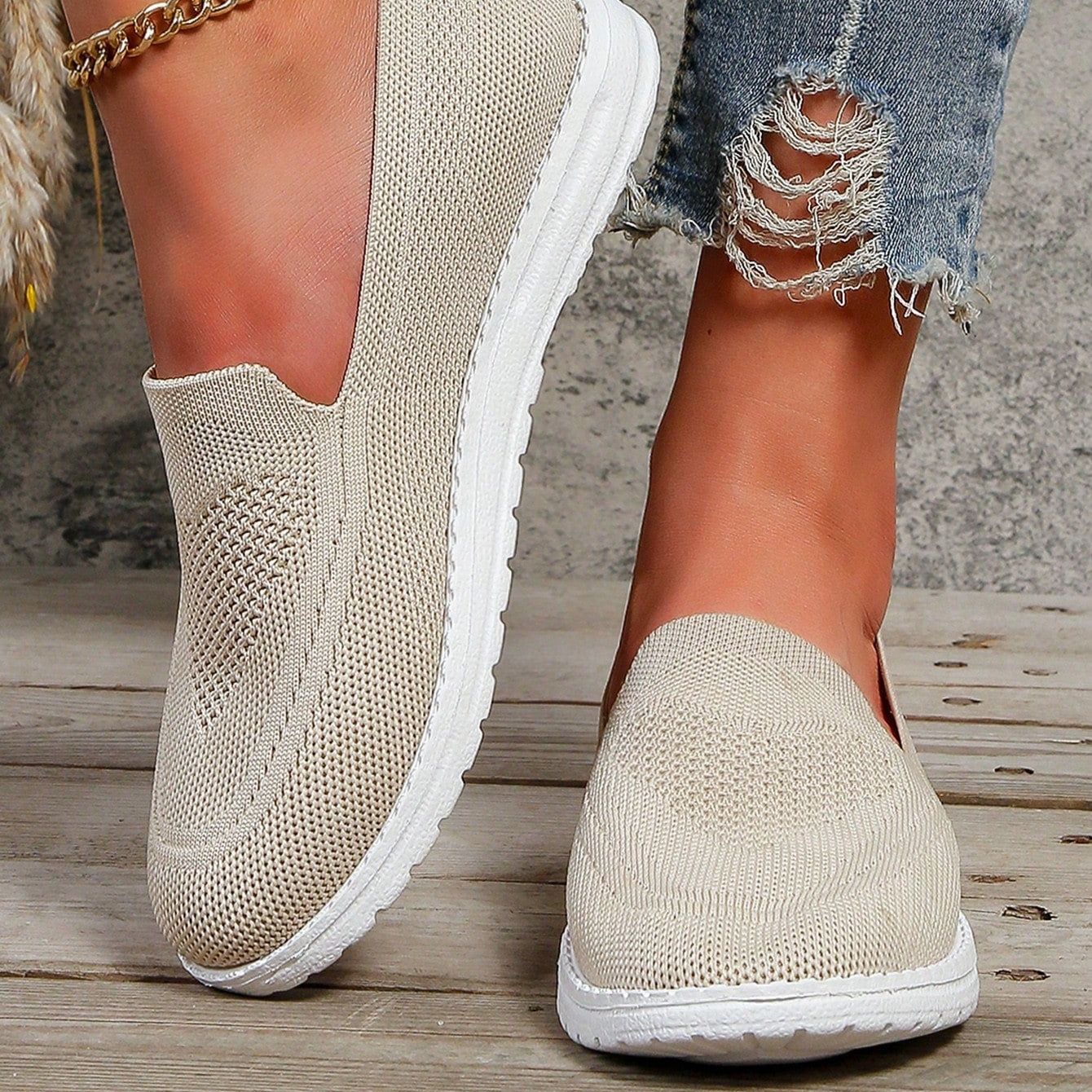 Women's beige vegan leather slip-on comfort summer shoes with wide toe box for all-day comfort