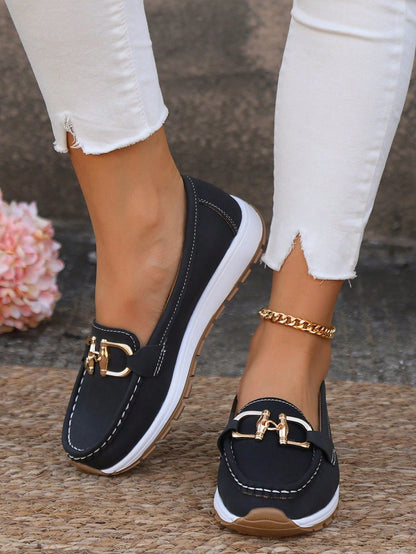 Women's suede platform loafers with buckle detail and moc toe, comfort support, casual chic style
