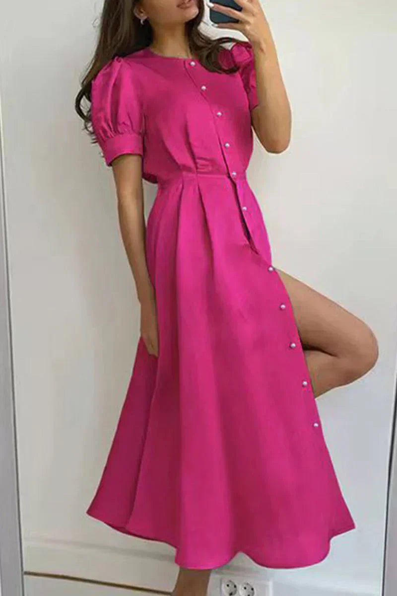 Elegant sage green satin midi dress with A-line cut, puff sleeves, and button front closure