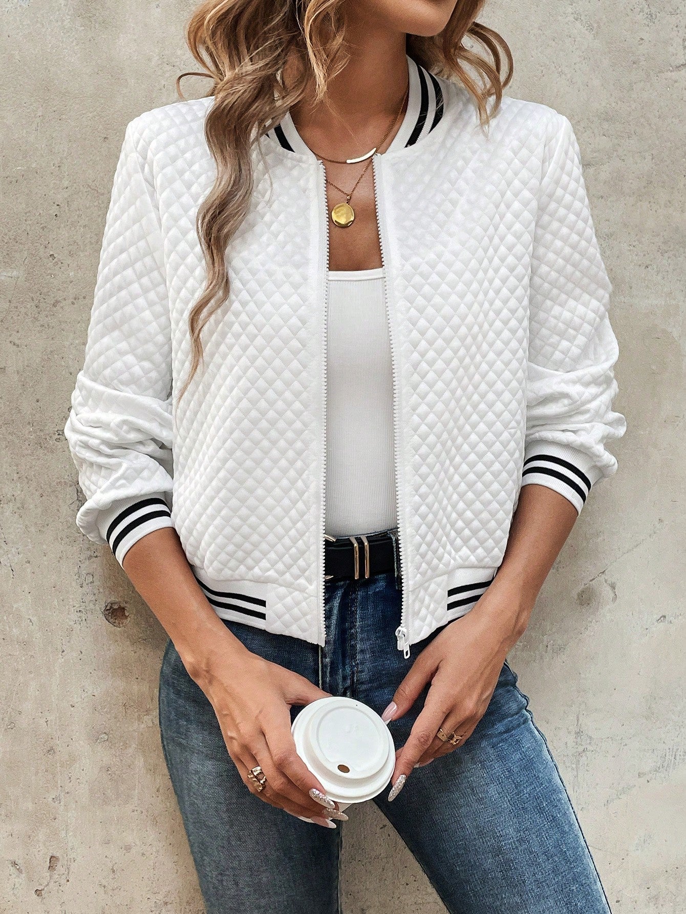 Black cropped bomber jacket with baseball collar, full-zip front and striped contrast details