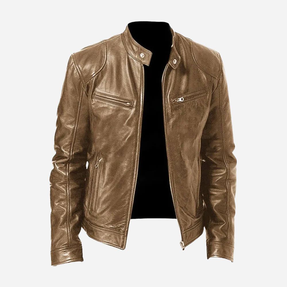 Men's black genuine leather slim fit biker jacket with snap tab collar and zipper closure