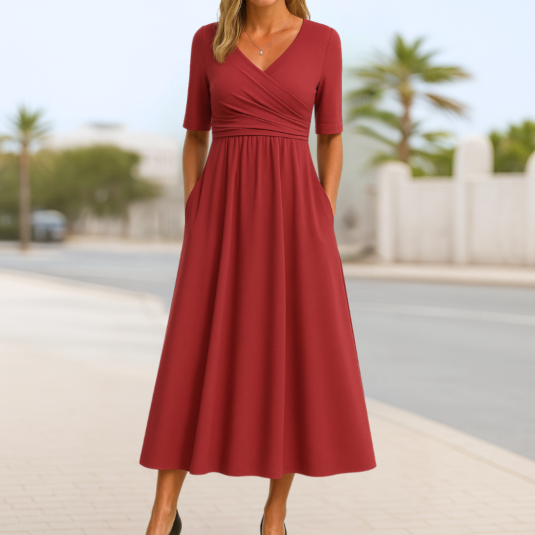 Madeline crossed wrap dress short sleeves soft draping silhouette elegant feminine fit