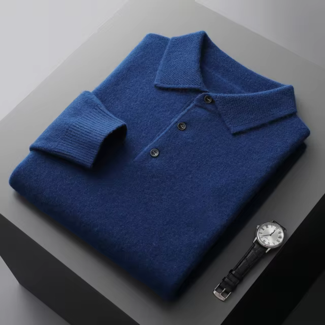 Men's merino wool polo sweater standard fit with button closure and ribbed edges classic style