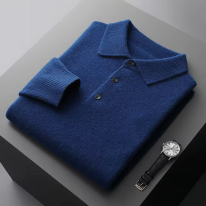 Men's merino wool polo sweater standard fit with button closure and ribbed edges classic style