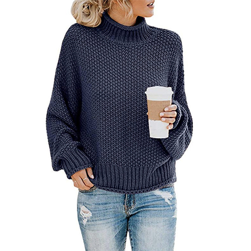 Women's chunky knit turtleneck sweater oversized relaxed fit with thick textured stitches warm cozy