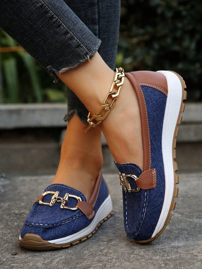 Women's suede platform loafers with buckle detail and moc toe, comfort support, casual chic style