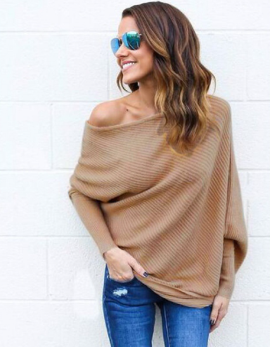 Women's off-shoulder ribbed knit oversized sweater long sleeve casual cozy chic loose fit