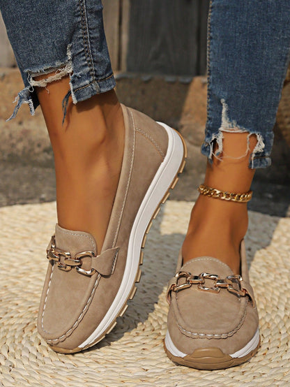 Women's brown suede platform loafers with buckle detail and comfort moc toe design