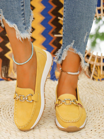 Women's suede platform loafers with buckle detail and moc toe, comfort support, casual chic style
