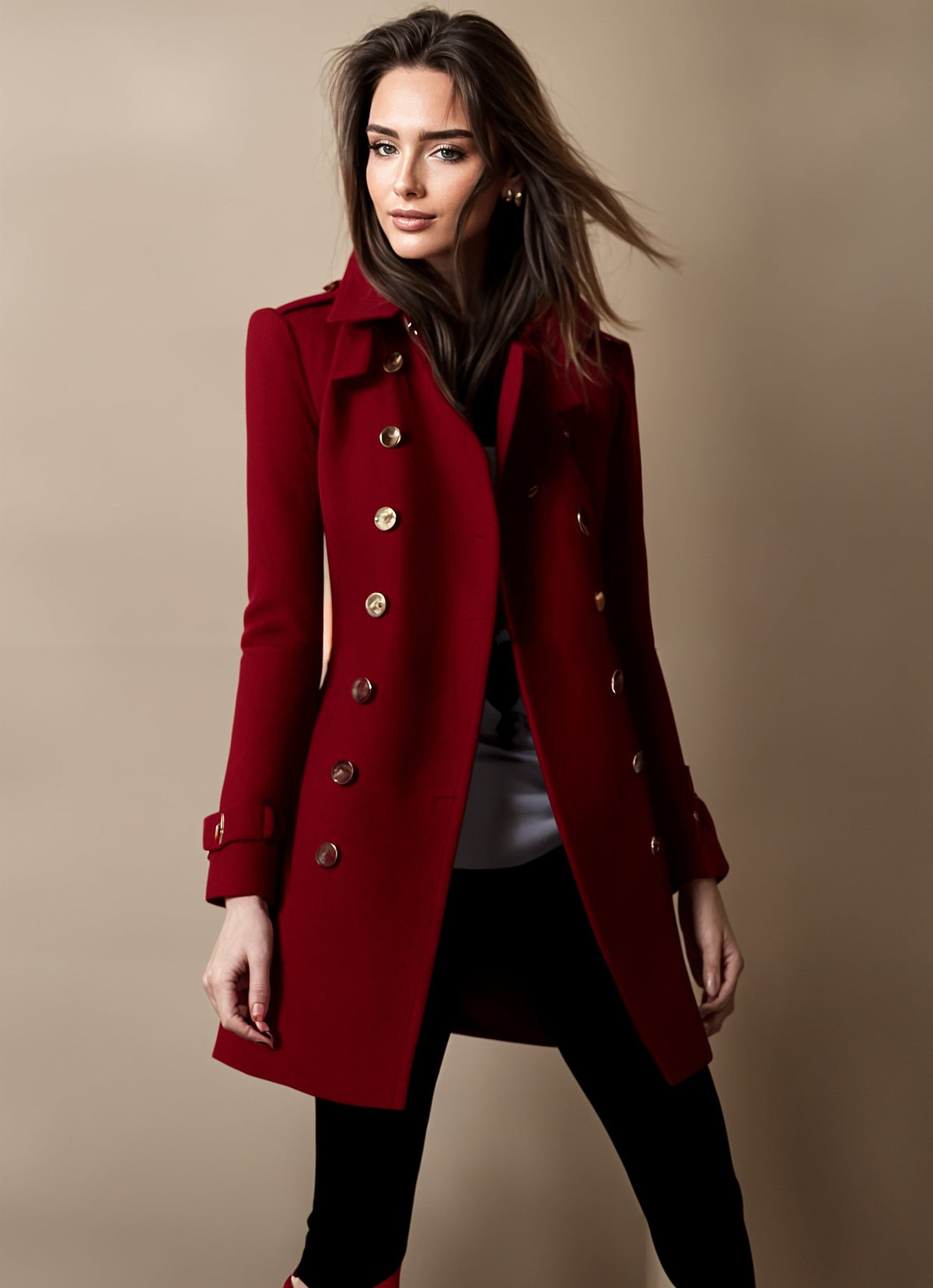 Women's double-breasted wool blend coat tailored fit with waist-defining silhouette for professionals