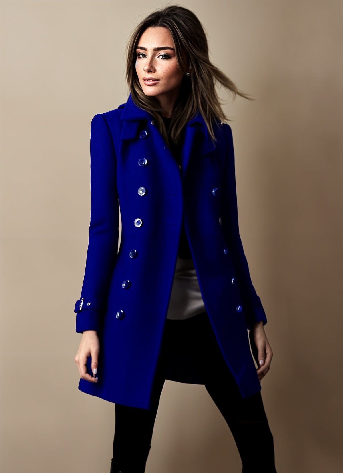 Women's double-breasted wool blend tailored coat with waist-defining silhouette for professionals