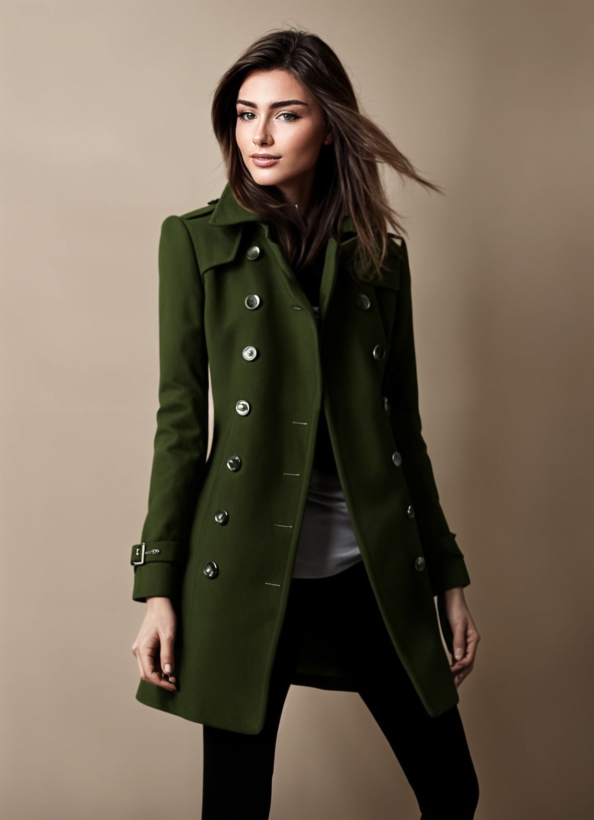 Women's double-breasted wool blend tailored coat with waist-defining silhouette for professionals