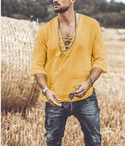 Men's relaxed fit cotton shirt with lace closure neckline and three-quarter sleeves casual style