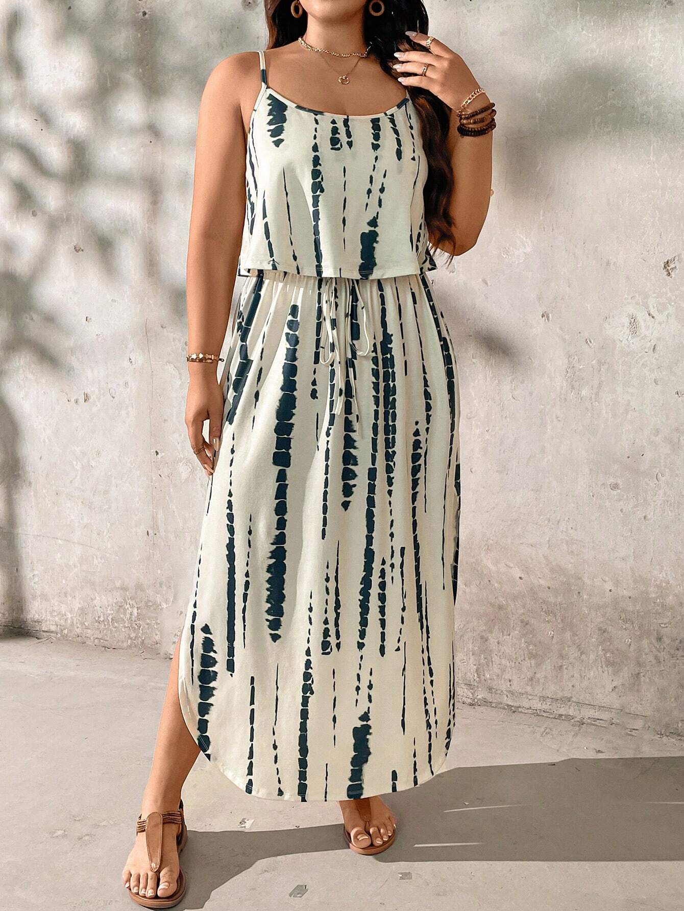 Tie-dye midi dress plus size summer set with adjustable spaghetti straps and relaxed stretch fit