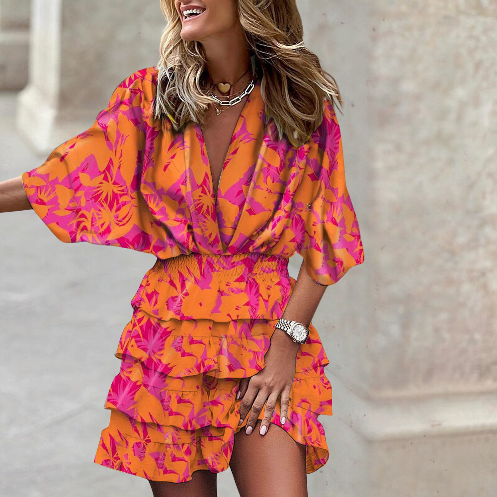 Women's colorful draped dress with tummy control, vibrant hues and flattering silhouette for confident style