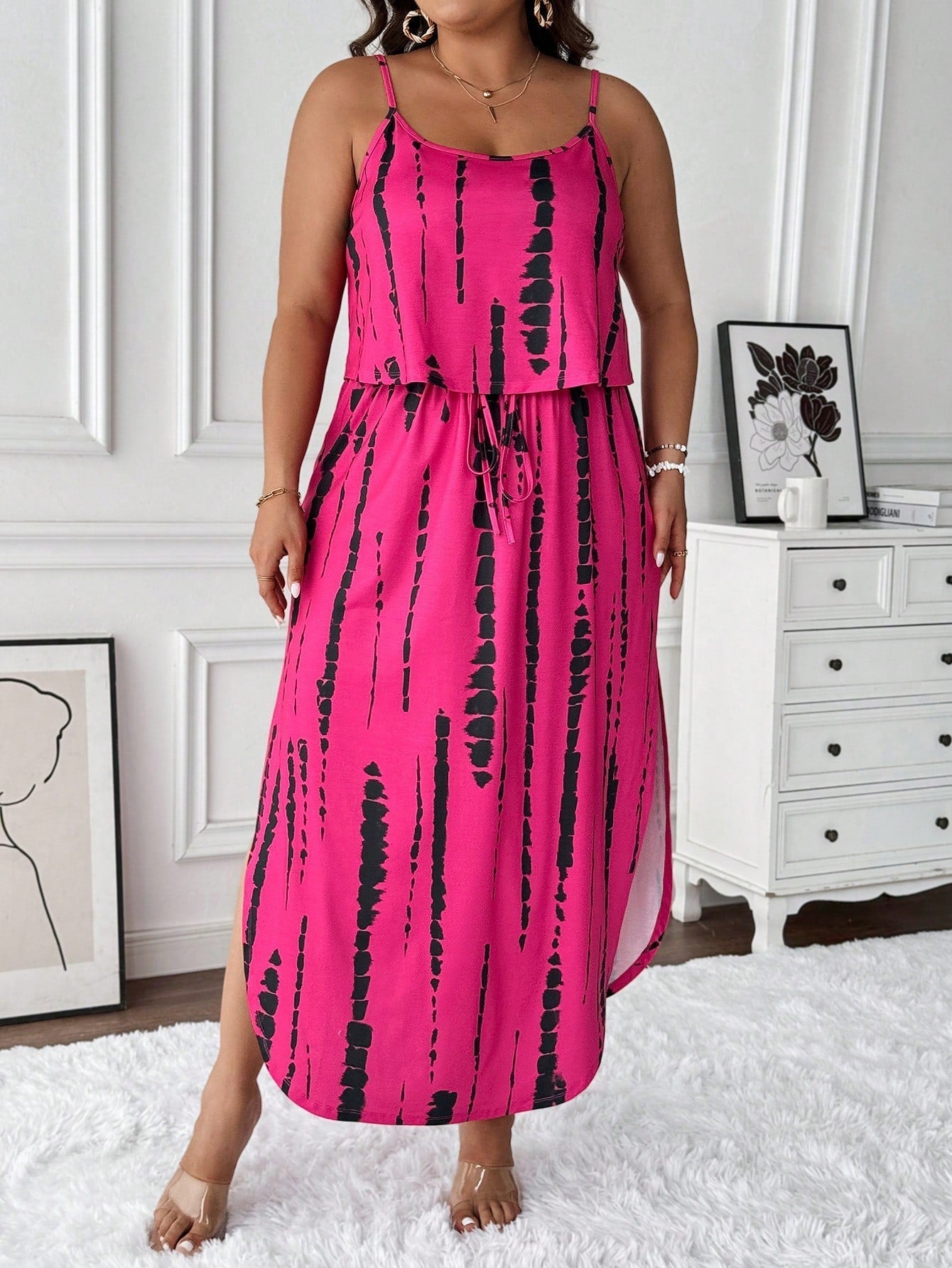 Tie-dye midi dress plus size summer set with adjustable spaghetti straps and relaxed fit