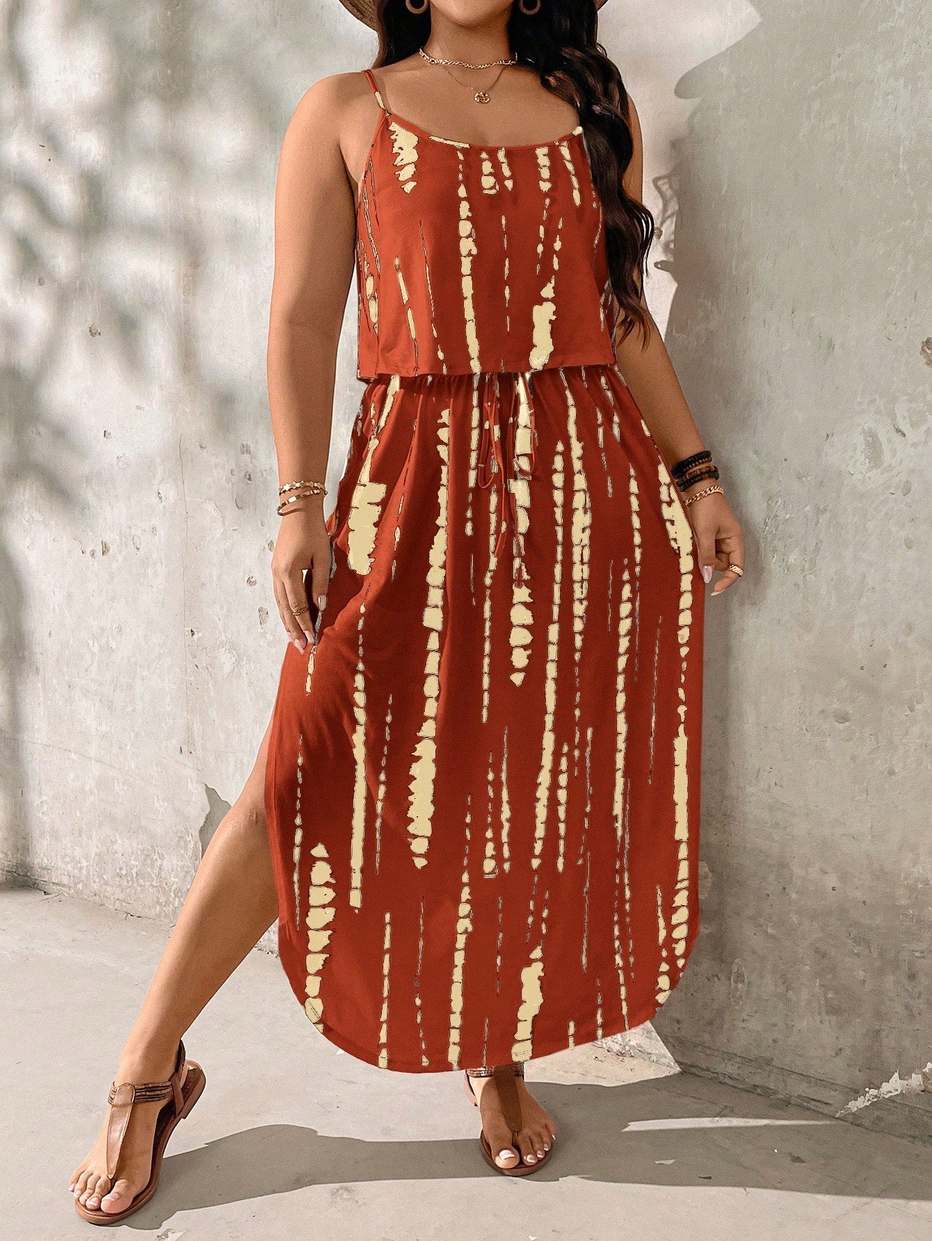 Tie-dye midi dress plus size summer set with adjustable spaghetti straps, relaxed lightweight stretch fabric