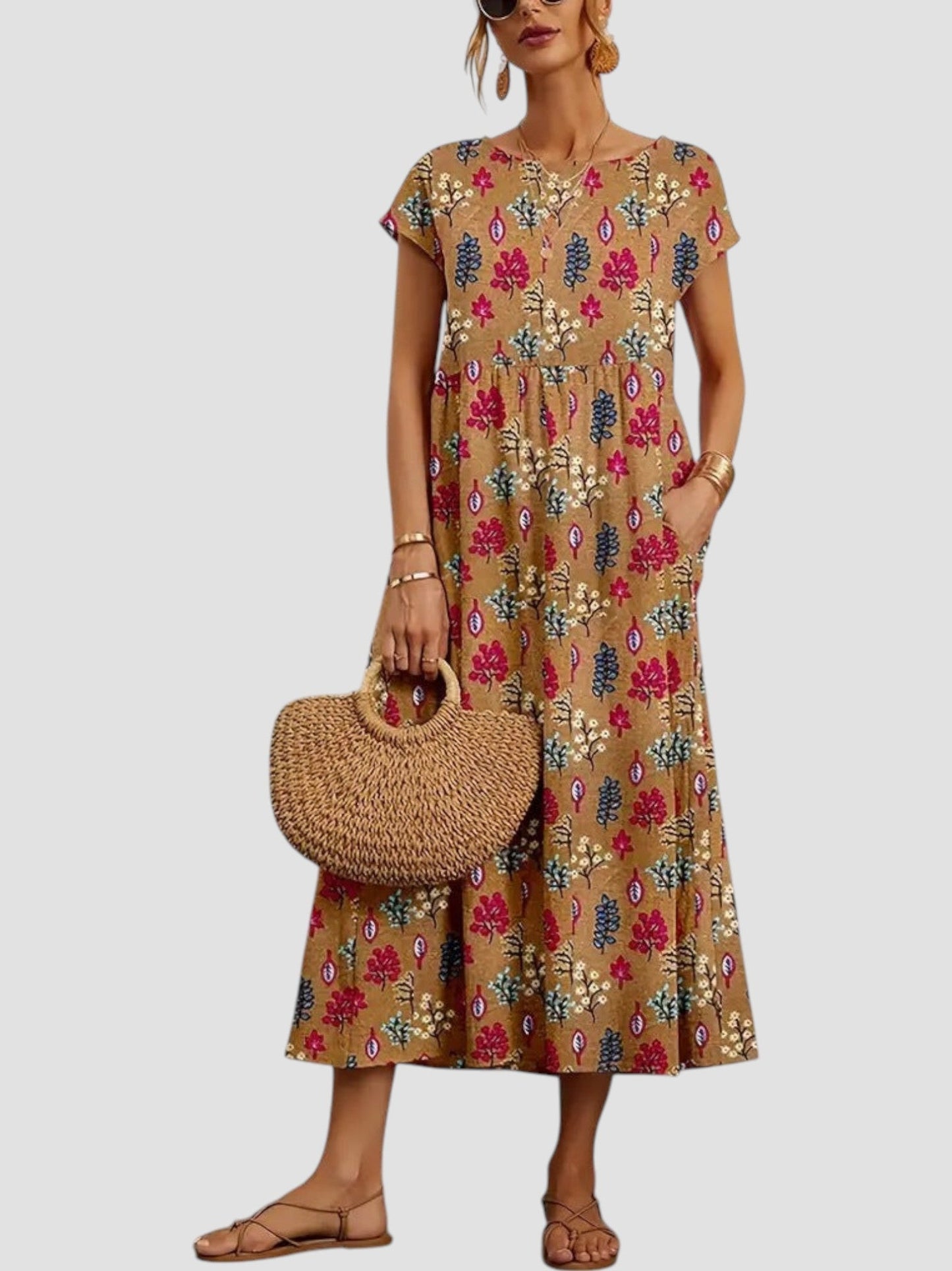 Vintage floral maxi dress with soft feminine silhouette and effortless flowing skirt for elegant occasions
