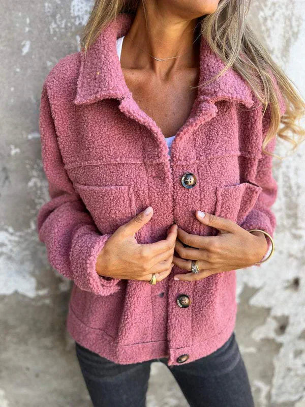 Women's camel short jacket with lapel collar, soft textured fabric, flattering silhouette for autumn
