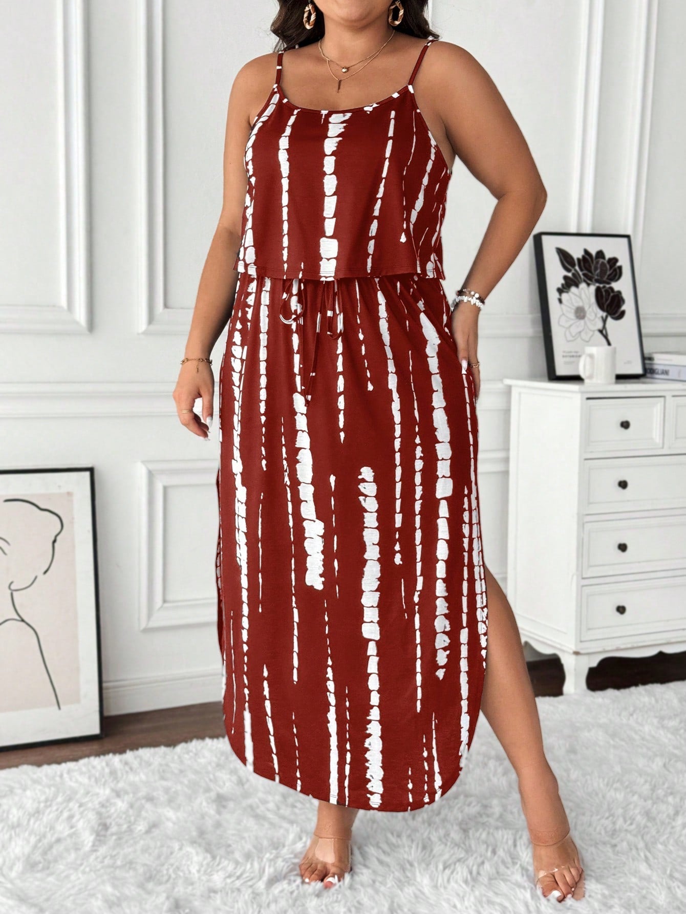 Tie-dye midi dress plus size summer set with adjustable spaghetti straps and relaxed stretch fit