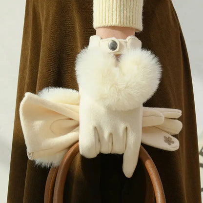 Evelyn black faux fur winter gloves with touchscreen-compatible embroidered rabbit fur accent detail