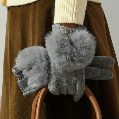 Evelyn black faux fur winter gloves with touchscreen-compatible embroidered rabbit fur accent detail