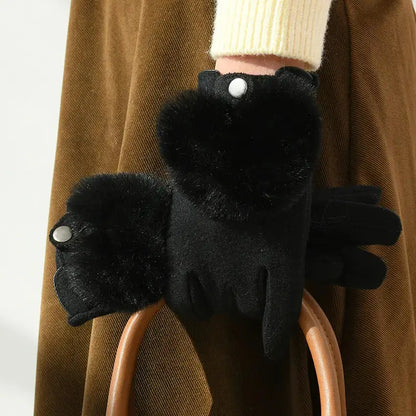 Black faux fur winter gloves with touchscreen-compatible fingertips and embroidered rabbit fur accents