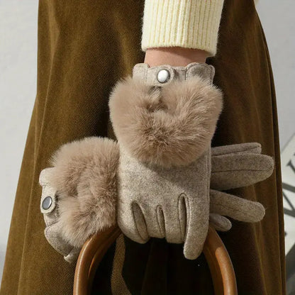 Black faux fur winter gloves with touchscreen-compatible fingertips and embroidered rabbit fur accents