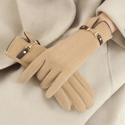 Black windproof touchscreen gloves with buckle detail, warm cozy interior for winter use