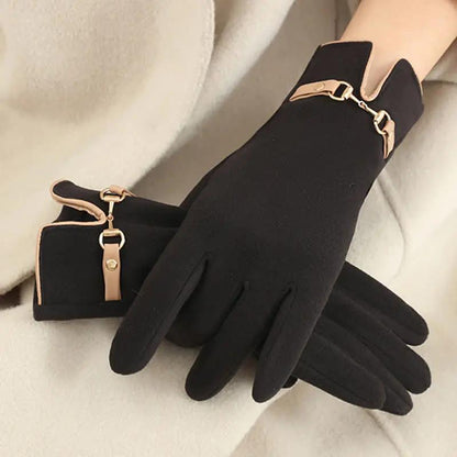 Black windproof winter gloves with touchscreen-compatible fingertips and sleek buckle detail