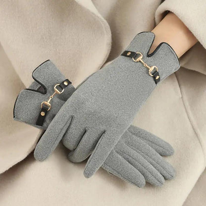 Black windproof touchscreen gloves with buckle detail, warm cozy interior for winter use