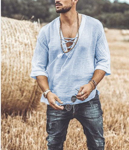 Men's relaxed fit cotton shirt with lace closure neckline and three-quarter sleeves casual style
