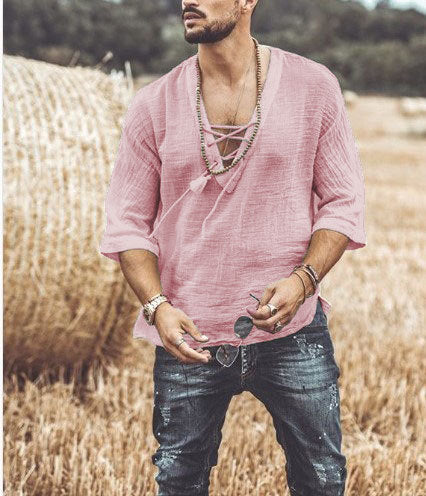 Men's relaxed fit cotton shirt three-quarter sleeves lace closure neckline breathable casual style