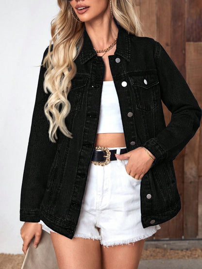 Blue oversized denim jacket relaxed fit with pointed collar and button placket