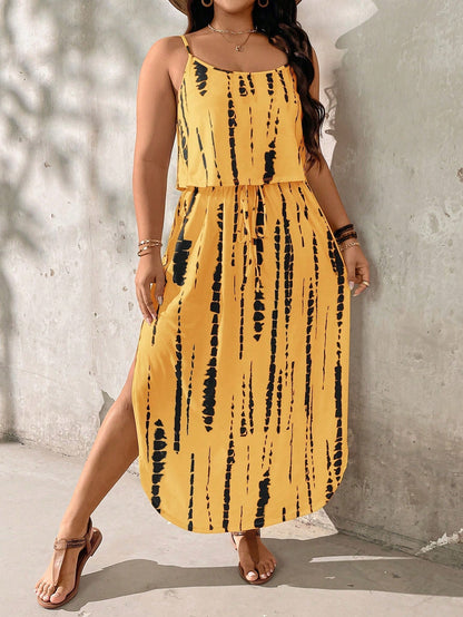 Tie-dye midi dress plus size summer set with adjustable spaghetti straps and relaxed stretch fit