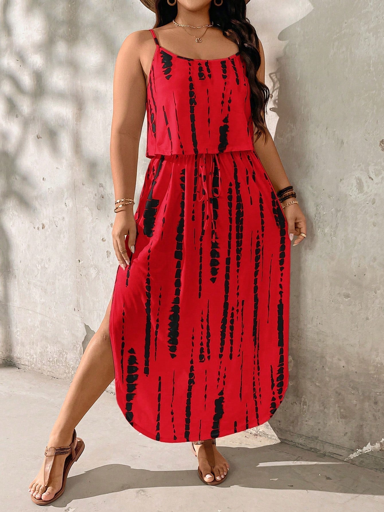 Tie-dye midi dress plus size summer set with adjustable spaghetti straps and relaxed stretch fit