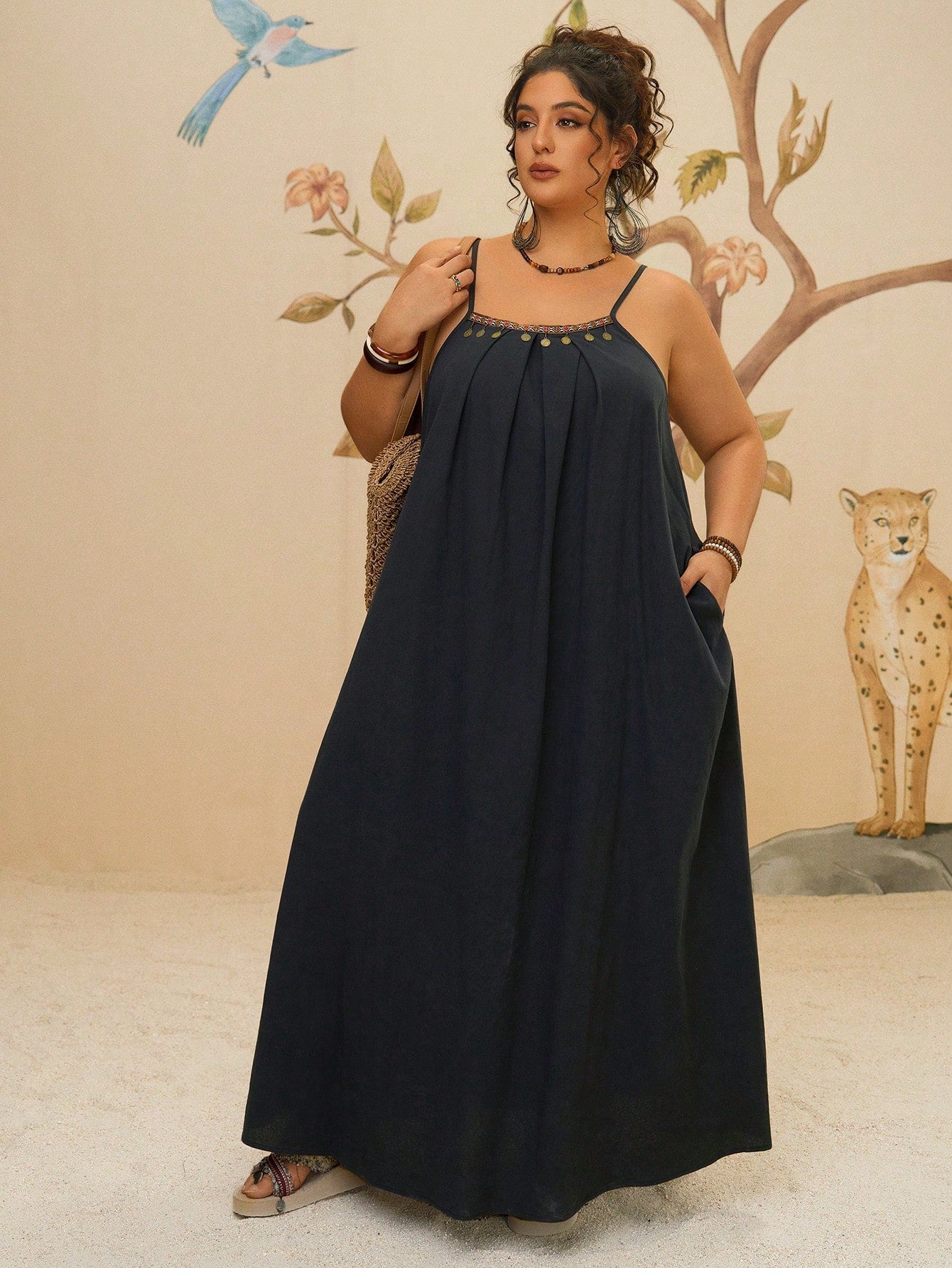 Paisley plus size boho maxi dress in tropical print, loose breezy silhouette flattering curves