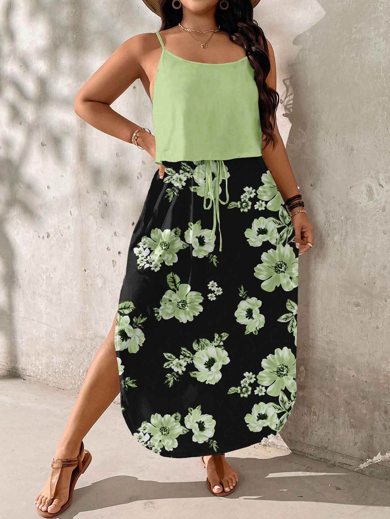 Tie-dye midi dress plus size summer set with adjustable spaghetti straps and relaxed stretch fit