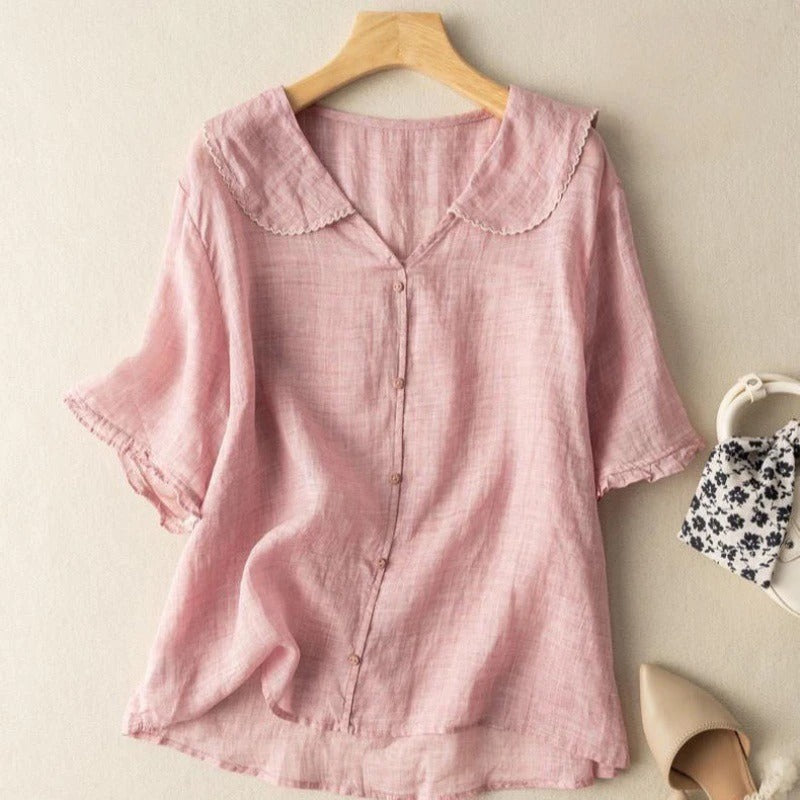 Vintage women's blouse soft pink scalloped collar button detail relaxed elegant silhouette