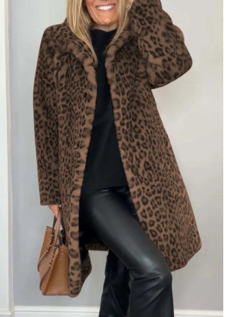 Unisex mid-length leopard print faux fur coat soft plush texture cozy stretch blend