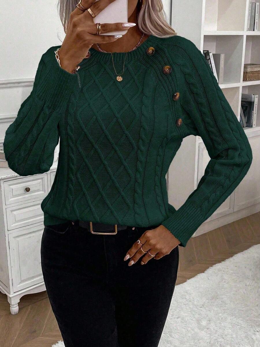 Cozy cable knit jumper with elegant button detail, timeless texture, and classic winter style