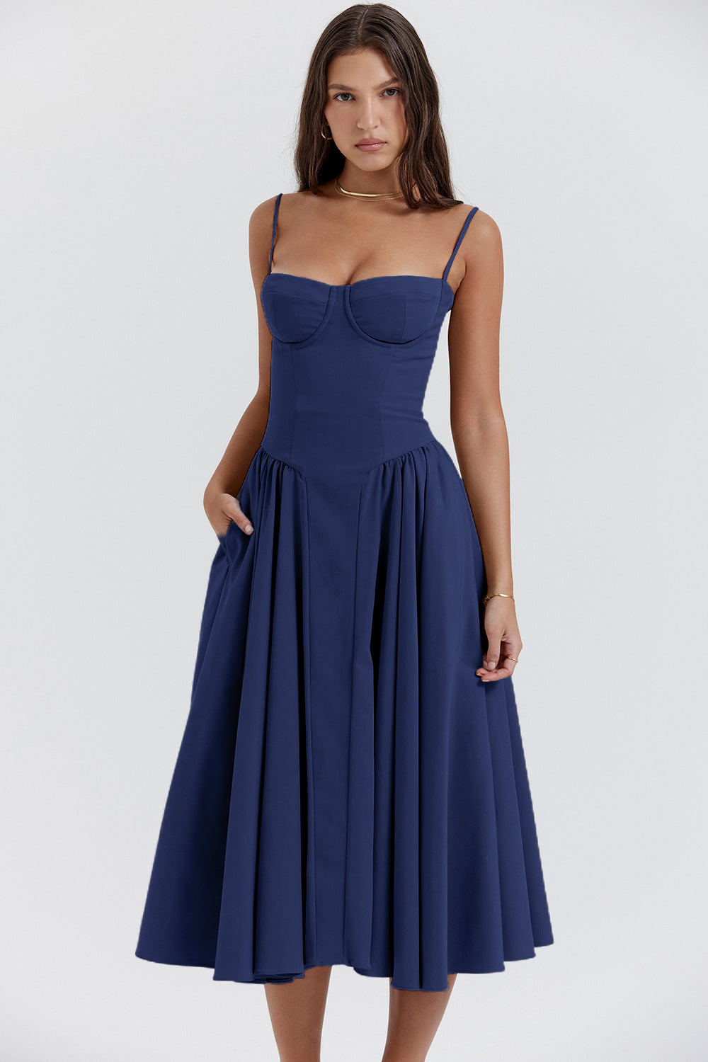 Wavlynn Natalie pleated midi dress with structured bodice, slim spaghetti straps, elegant spring style