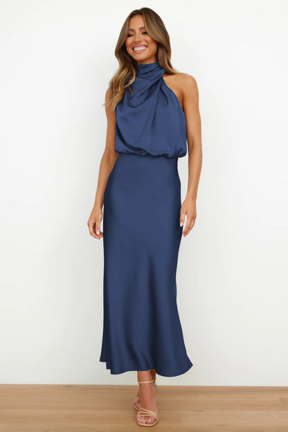Diane satin maxi dress in elegant silhouette with smooth sheen finish, perfect for weddings and summer events