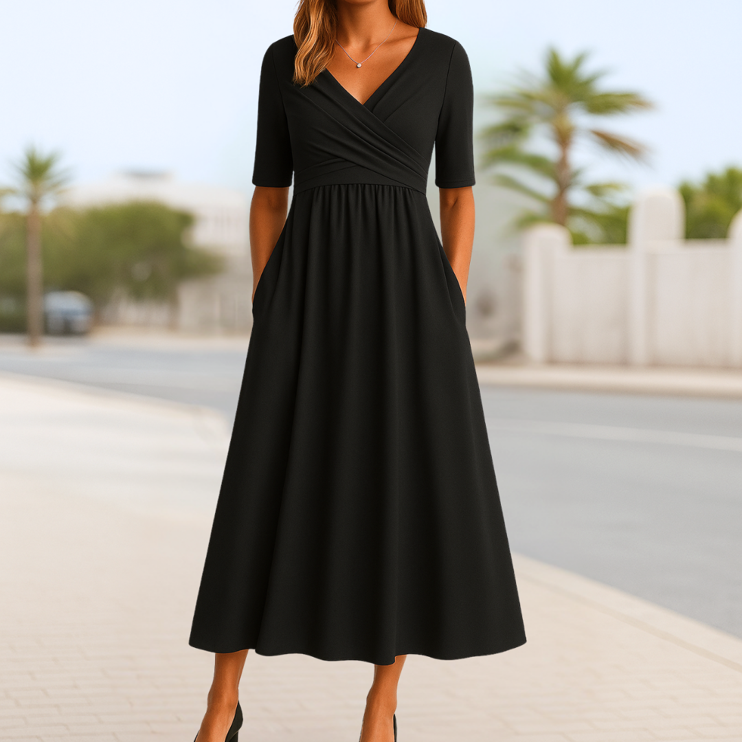 Madeline crossed wrap dress short sleeves soft draping silhouette flattering elegant style