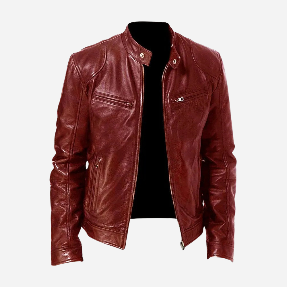 Men's black genuine leather slim fit biker jacket with snap tab collar and zipper closure