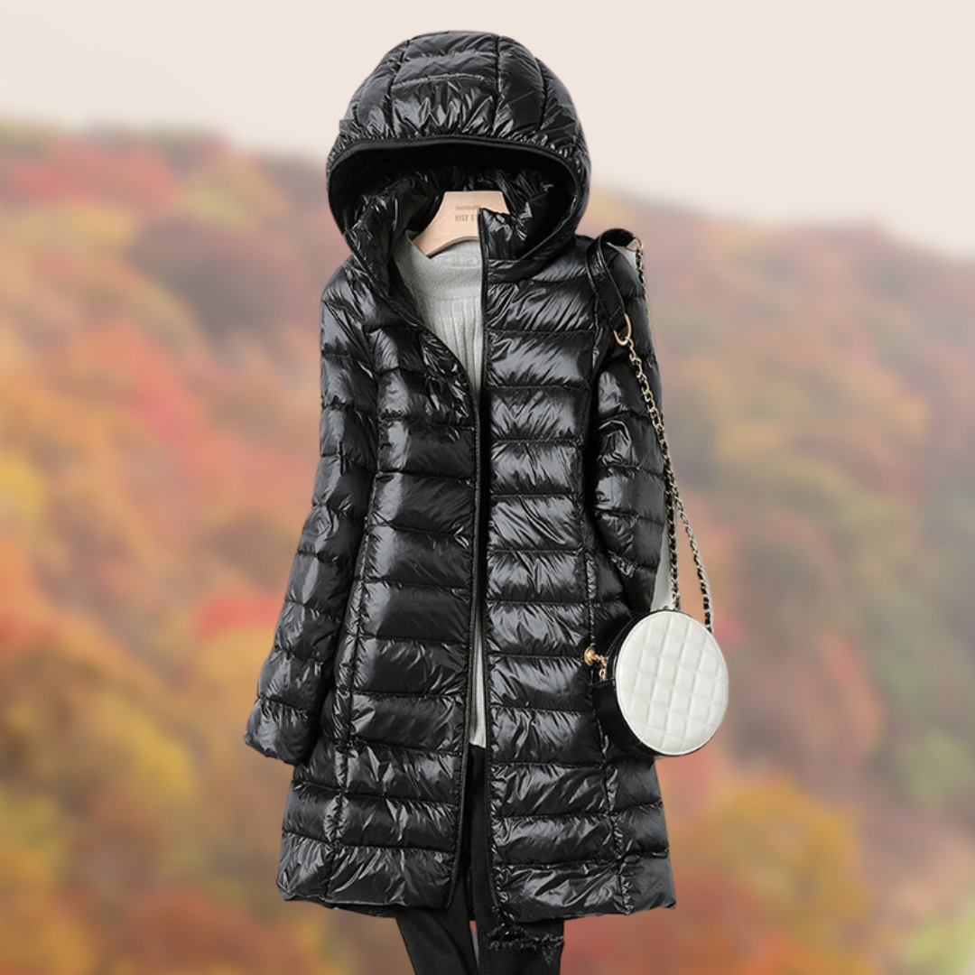 Women's slim fit hooded puffer jacket in neutral tone, lightweight streamlined silhouette with cozy hood