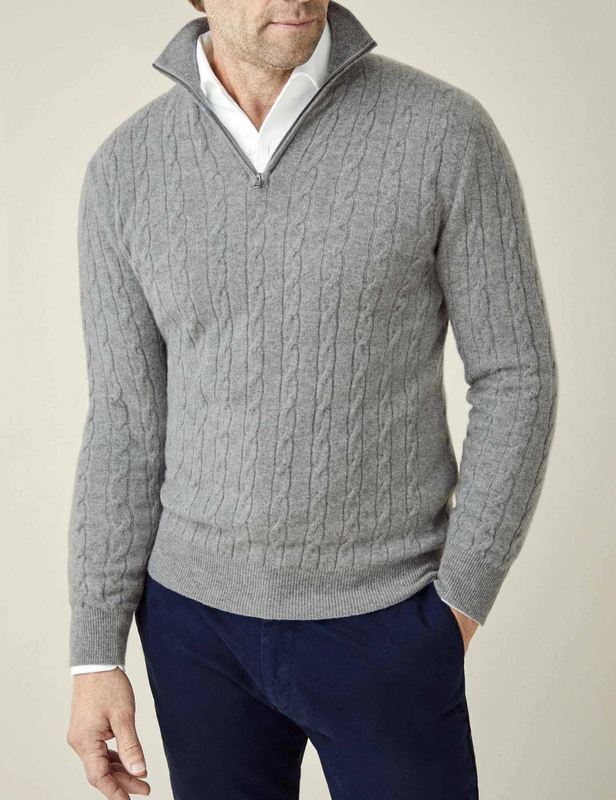 Men's wool blend cable knit sweater with half zip, standing collar, smart casual everyday style