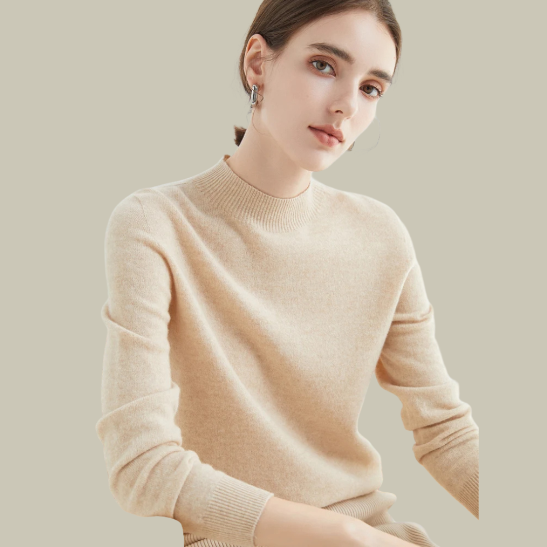 Ivy women's slim fit high neck merino wool sweater in neutral tone, ribbed collar, itch-free everyday knit